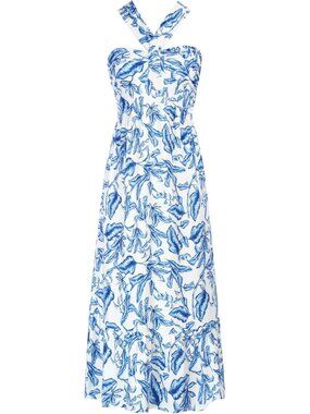 Women's Maxi Dress White Blue Halter Neck Sleeveless A LINE Summer Soft